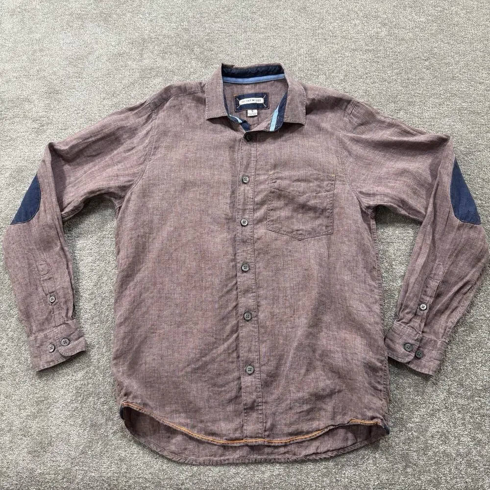 32 Bar Blues Linen Button Shirt S‎ Wine/Burgundy Long Sleeve Elbow Patch Casual